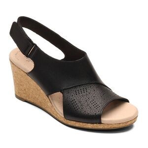 Clarks Lafley Joy New Women's Black Leather Wedge Comfort Sandal Size 10 Wide